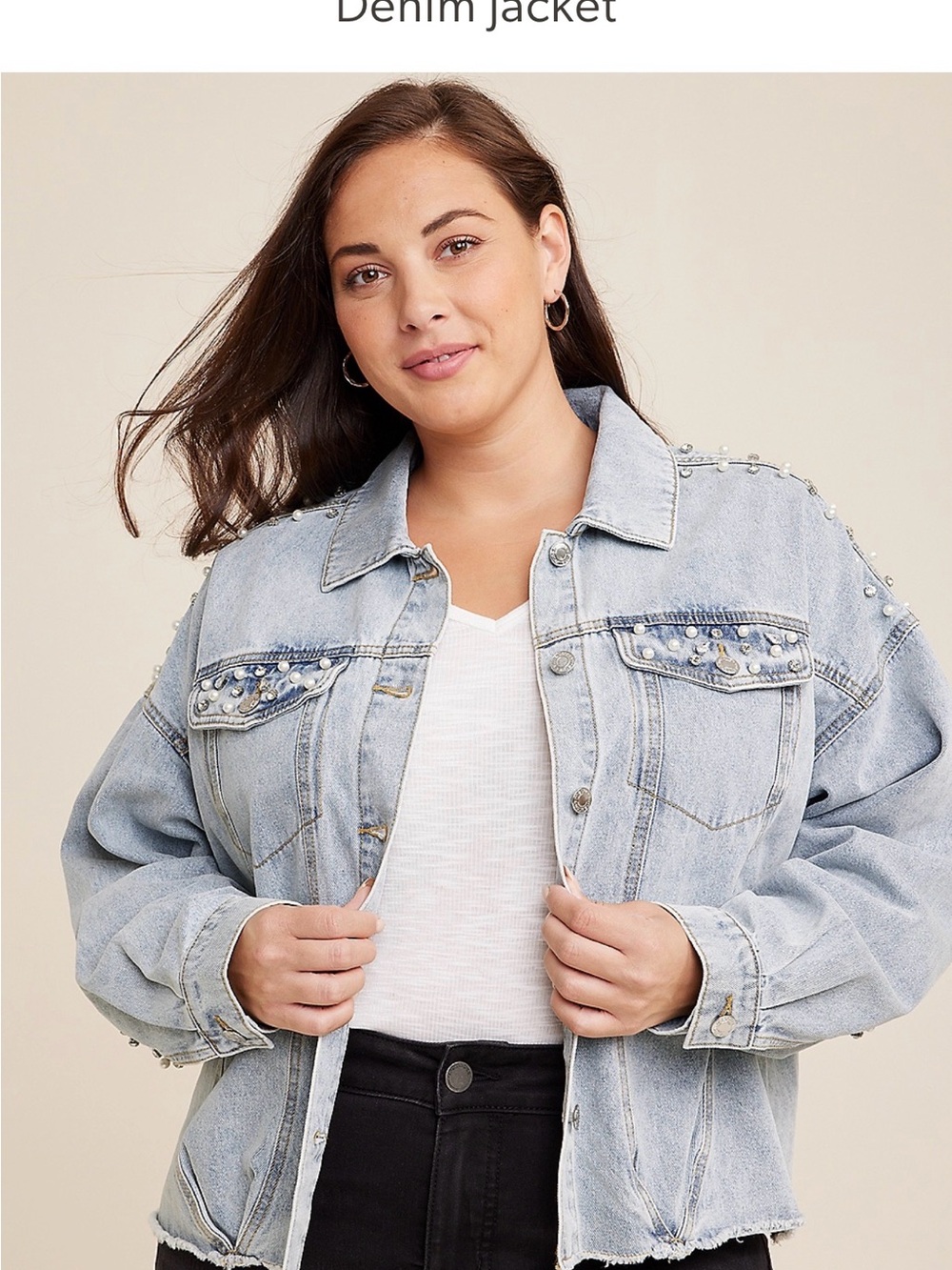 Plus Size Embroidered Pearl Studded Denim Jacket